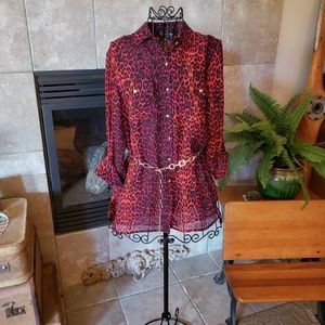 Sheer blouse/leopard print roll-up sleeves